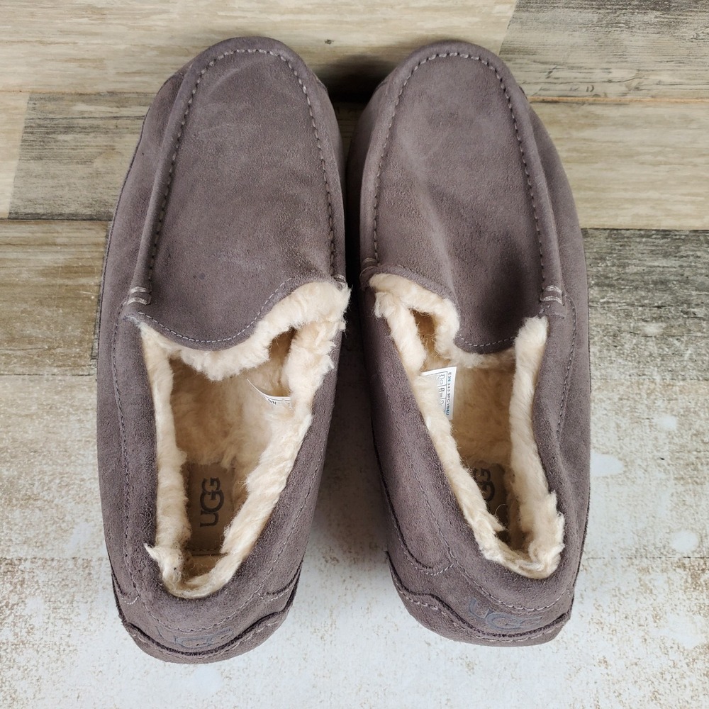 UGG Ascot Mens Slippers Sz 10 Comfort Gray Suede Leather Shearling Lined Slip On - Picture 4 of 10